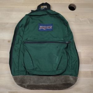 Vintage Jansport Green Backpack Brown Suede Leather Bottom School Travel